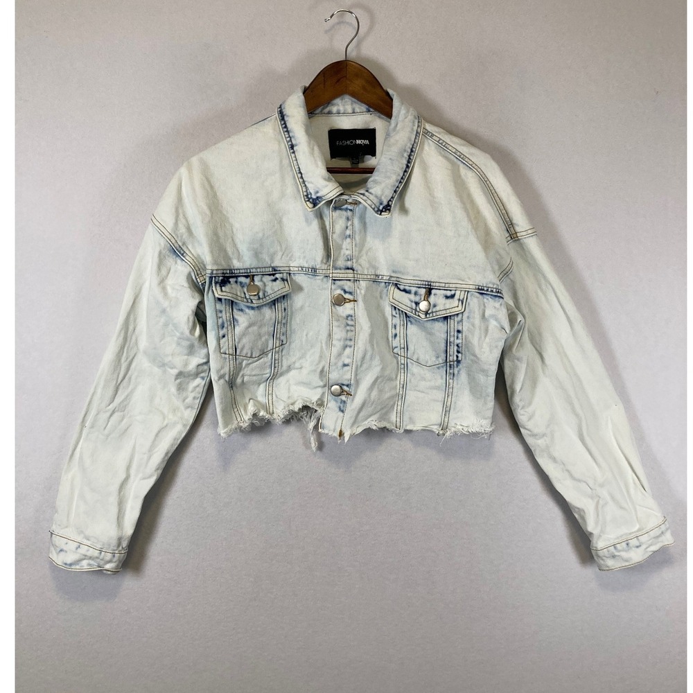 Edgy Fashion Nova Women Lg Light Wash Cropped Distressed Denim‎ Jacket Bleached